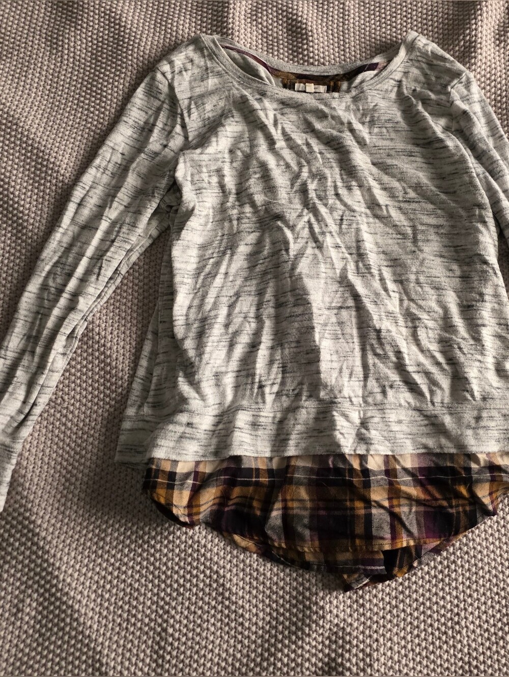 Maurices Layered-Look Long Sleeve Top in Heather Gray with Plaid Hem